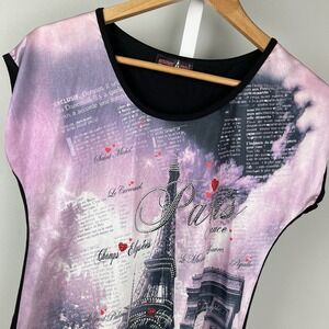 Attitude Paris Top‎ Shirt Womens L Rhinestone Embellished Scenic Print Y2K